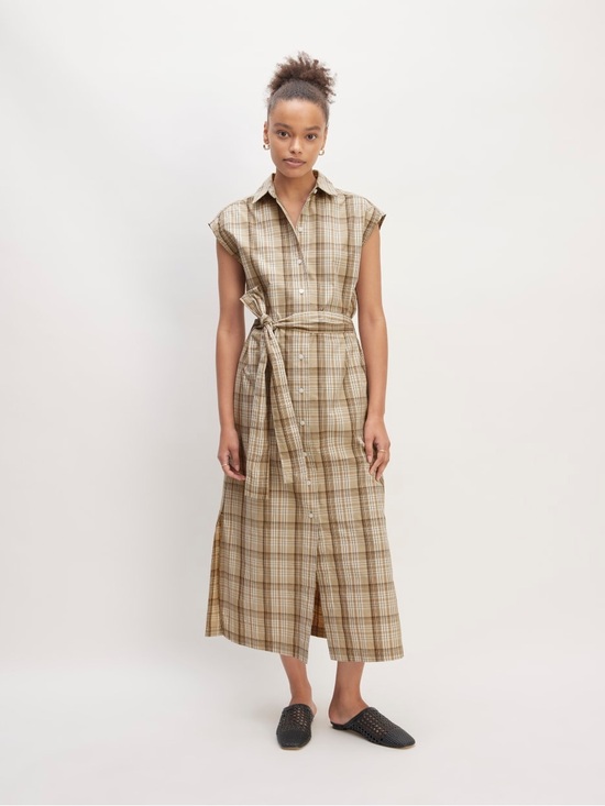 Everlane Dresses & Skirts - Everlane THE SUPIMA® COTTON SHORT-SLEEVE SHIRT DRESS Beige Plaid Belted US6